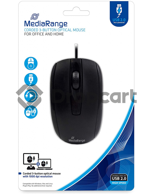 MediaRange MROS211 - Bedrade muis met 3 knoppen, Zwart